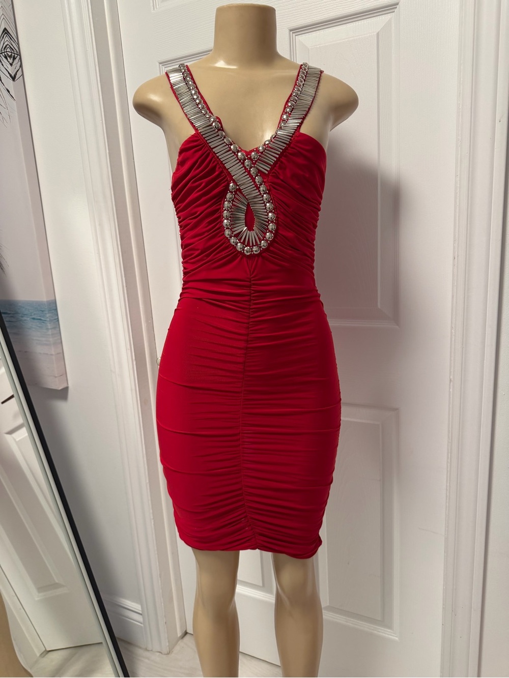 Embellished Red Ruched Mini Dress with Jewel Accents